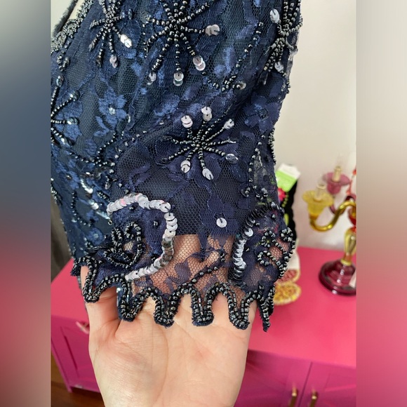 VTG SCALA NAVY BLUE BEADED EVENING GOWN DRIPPY HEM SEQUINED PS PETITE SMALL - Picture 6 of 12